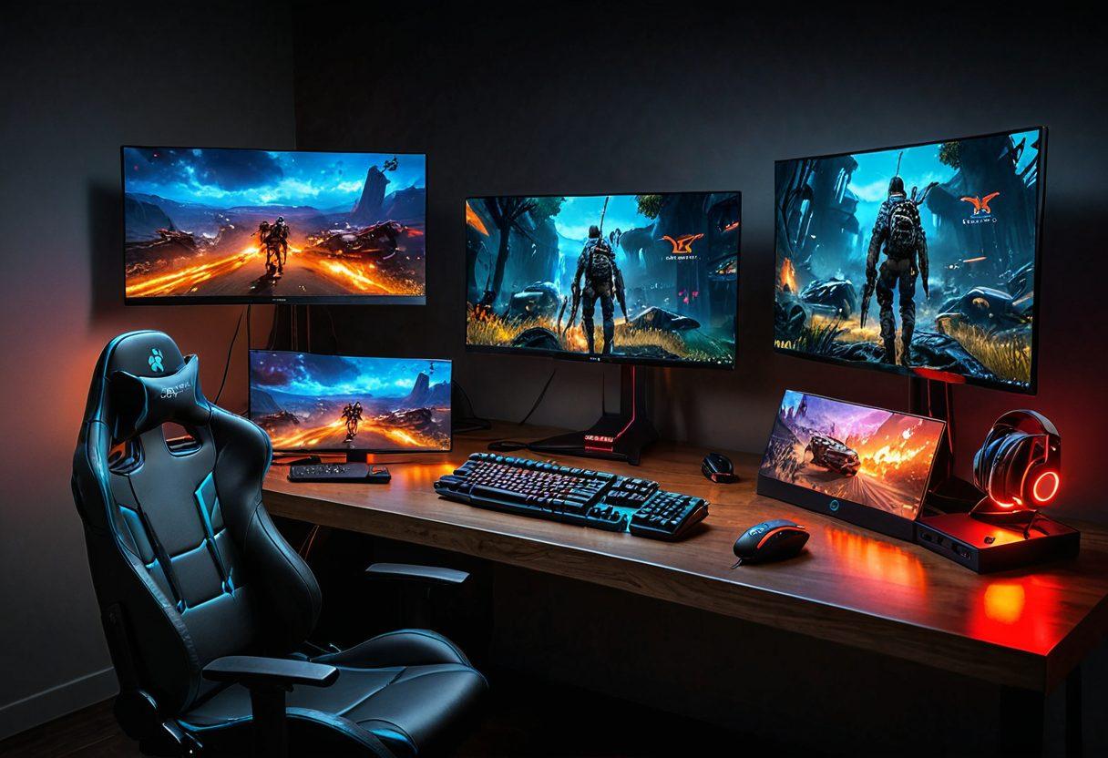 A dynamic gaming setup featuring multiple screens displaying various game genres, with essential tools like a gaming mouse, keyboard, and headset artistically arranged. Include vibrant gaming posters and figurines that enhance the atmosphere, illuminated by colorful LED lights. The scene should exude a sense of mastery and excitement, capturing the essence of game management. super-realistic. vibrant colors. 3D.