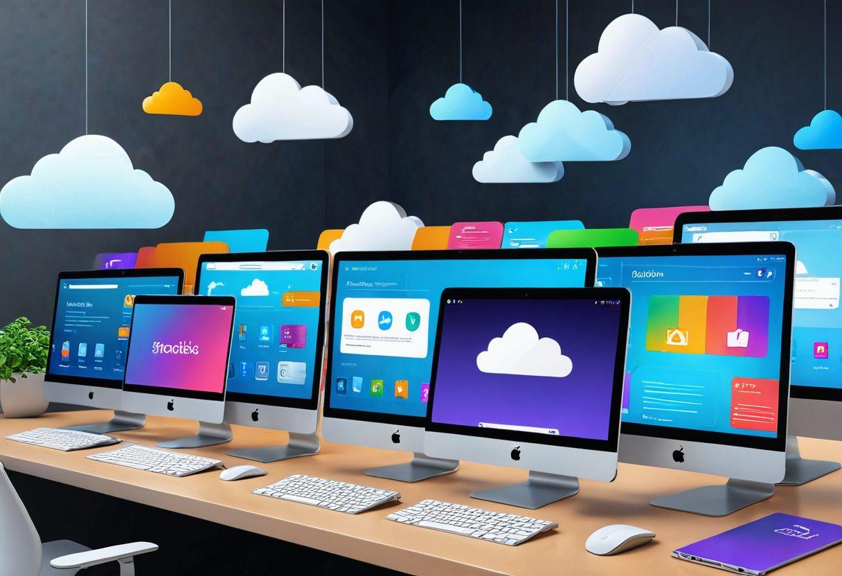 A dynamic composition showcasing a modern digital workspace with multiple devices displaying download progress bars, vibrant software icons, and organized folders. Include a person efficiently managing these downloads, with graphical elements representing cloud storage and software management tools. Use engaging and bright colors to emphasize a tech-forward atmosphere. super-realistic. vibrant colors. 3D.