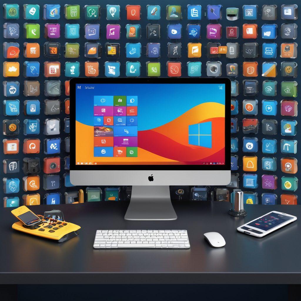 A visually engaging collage showcasing various open source application launchers and game management tools, with vibrant icons representing popular software on a stylish desktop background. Include elements like terminal windows and gaming controllers to highlight efficiency and accessibility. The scene should convey a sense of productivity and creativity, inviting the viewer to explore the potential of these tools. tech-inspired, modern design, bright colors.